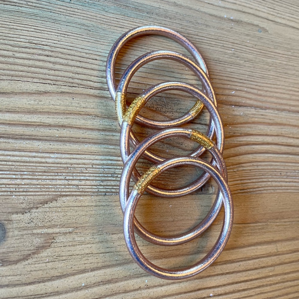 Set of 5 Champagne/rose Budha girl size small all weather bangles